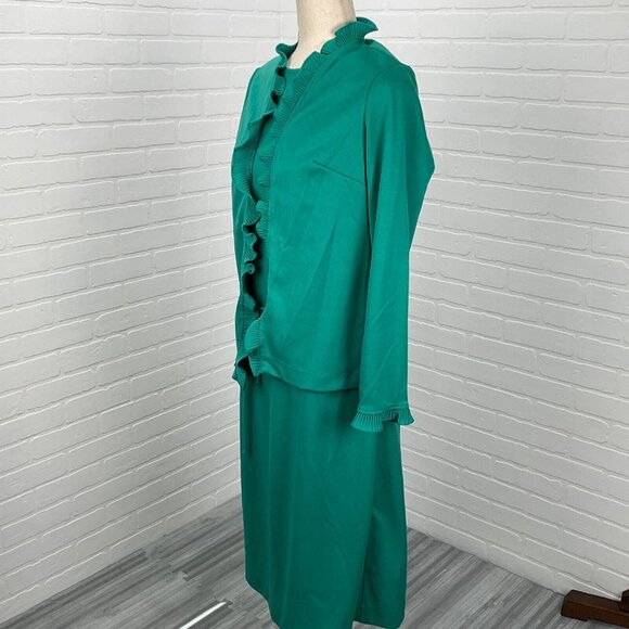 NPC Fashions Dress Jacket Set Women 14 Green Shift‎ Ruffle Career Retro 70s VTG - Picture 3 of 16